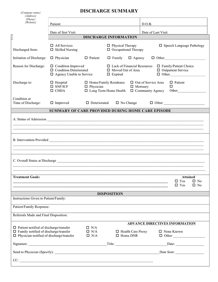 Discharge summary template in Word and Pdf formats