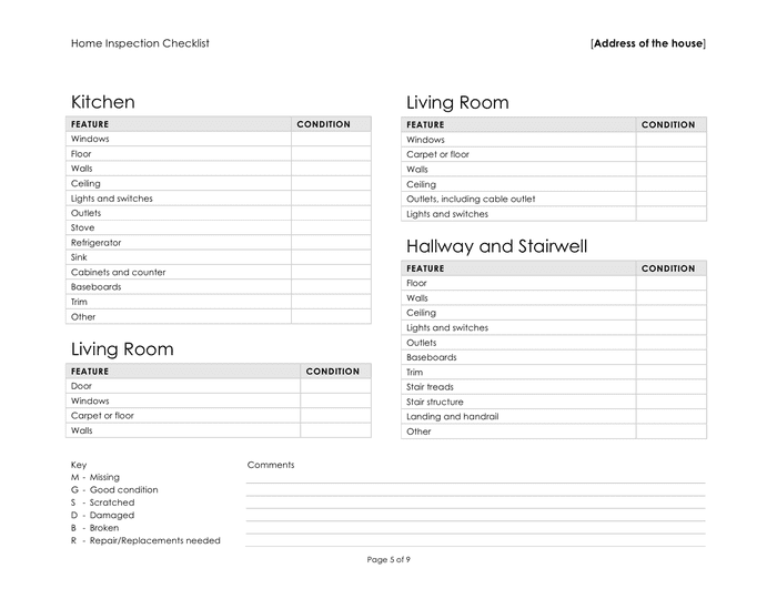 Home inspection checklist in Word and Pdf formats - page 5 of 9