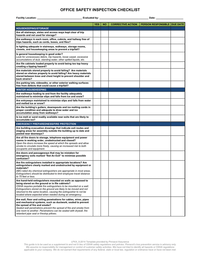 Office safety inspection checklist in Word and Pdf formats