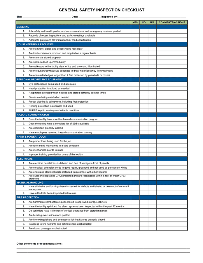 General Safety Inspection Checklist In Word And Pdf Formats