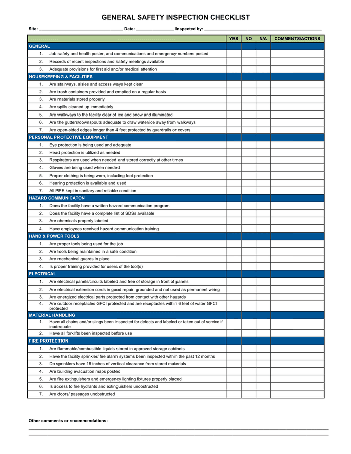 General safety inspection checklist in Word and Pdf formats