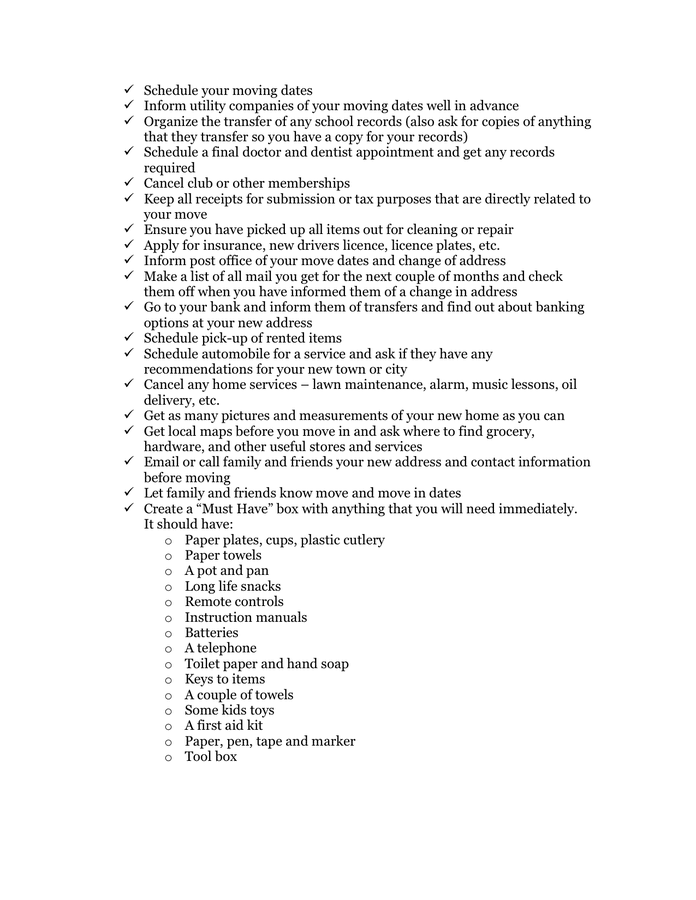 Moving checklist for military families template in Word and Pdf formats ...