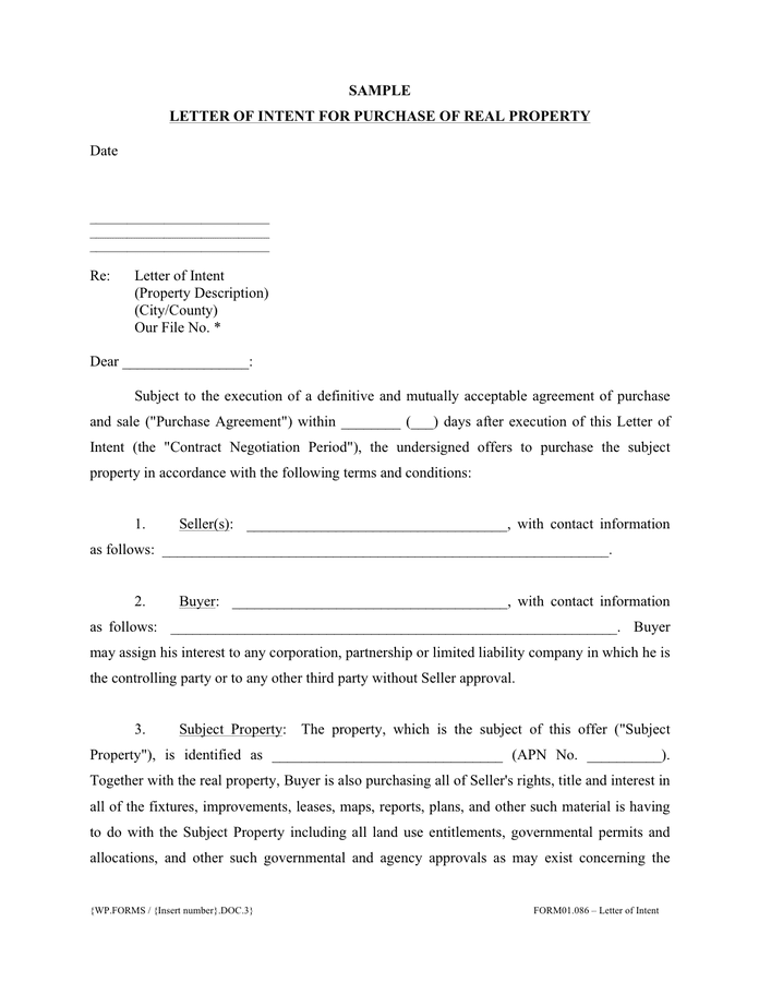 Letter of intent for purchase of real property in Word and