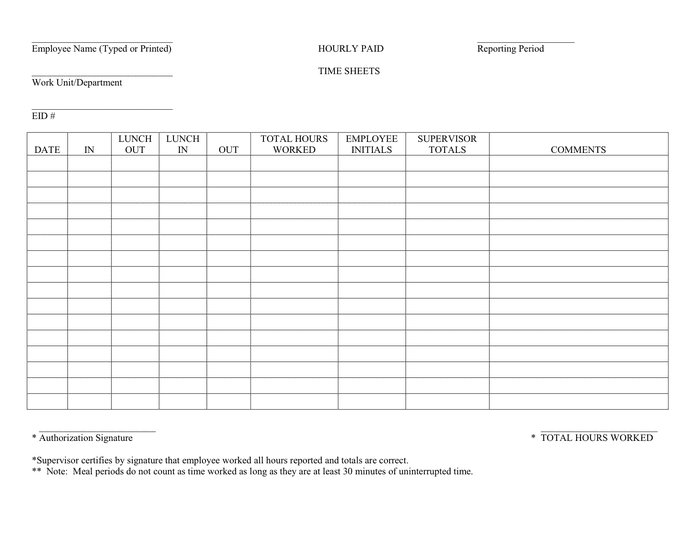 Hourly Timesheet in Word and Pdf formats