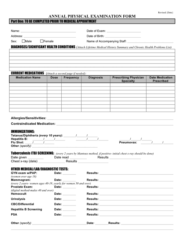 Employee Physical Examination Form   Annual Physical Examination Form Example 1 