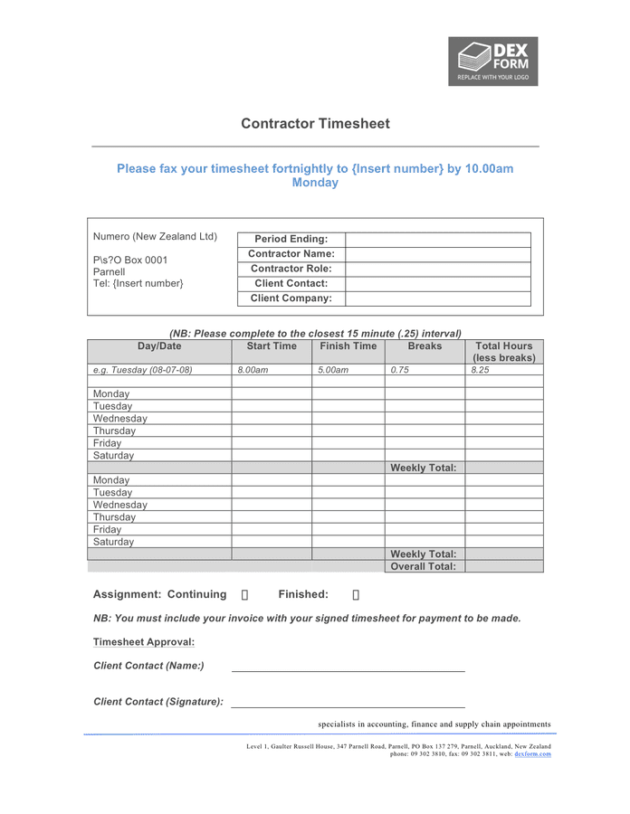 Contractor timesheet template in Word and Pdf formats