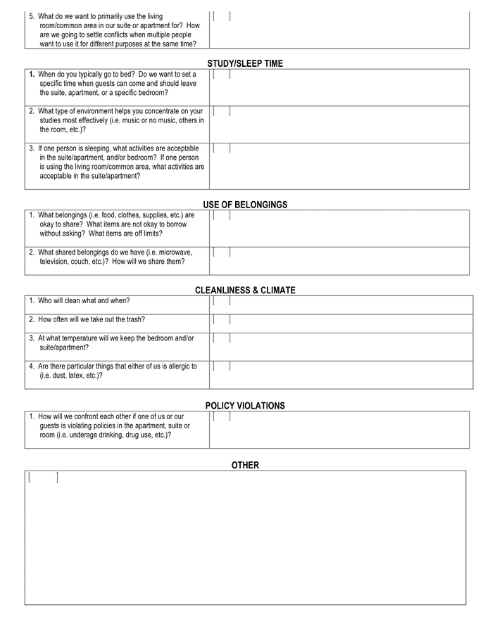 Apartment / suitemate agreement in Word and Pdf formats page 2 of 3