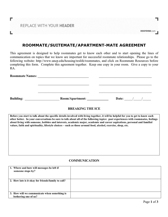 Roommate/ suitemate/ apartment mate agreement in Word and Pdf formats