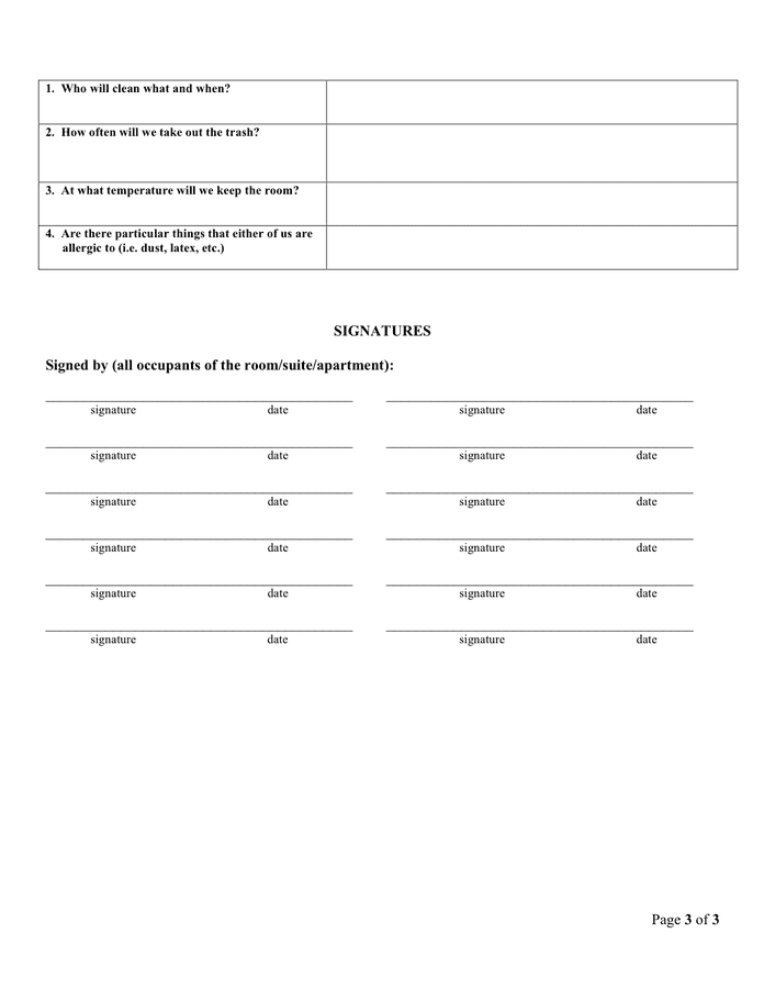 Roommate/ suitemate/ apartment mate agreement in Word and Pdf formats