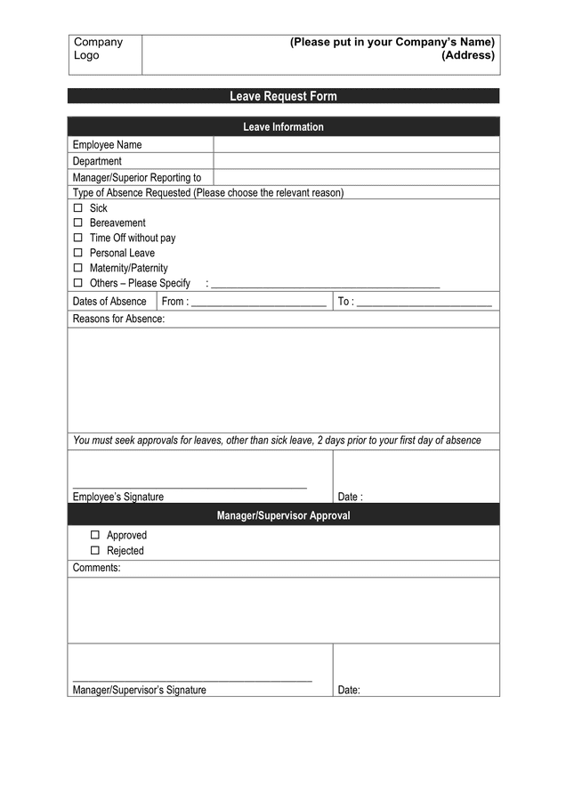 Leave request form in Word and Pdf formats