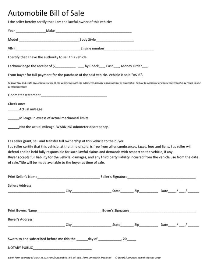 Automobile Bill Of Sale Form In Word And Pdf Formats Automobile bill of sale form in word and pdf formats