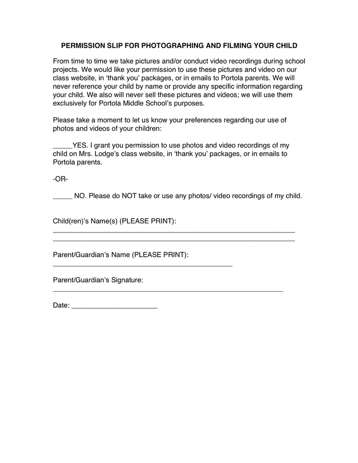 Permission slip for photographing and filming template in Word and Pdf