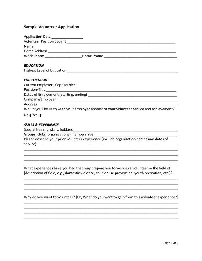 Sample Volunteer Application Template In Word And Pdf Formats