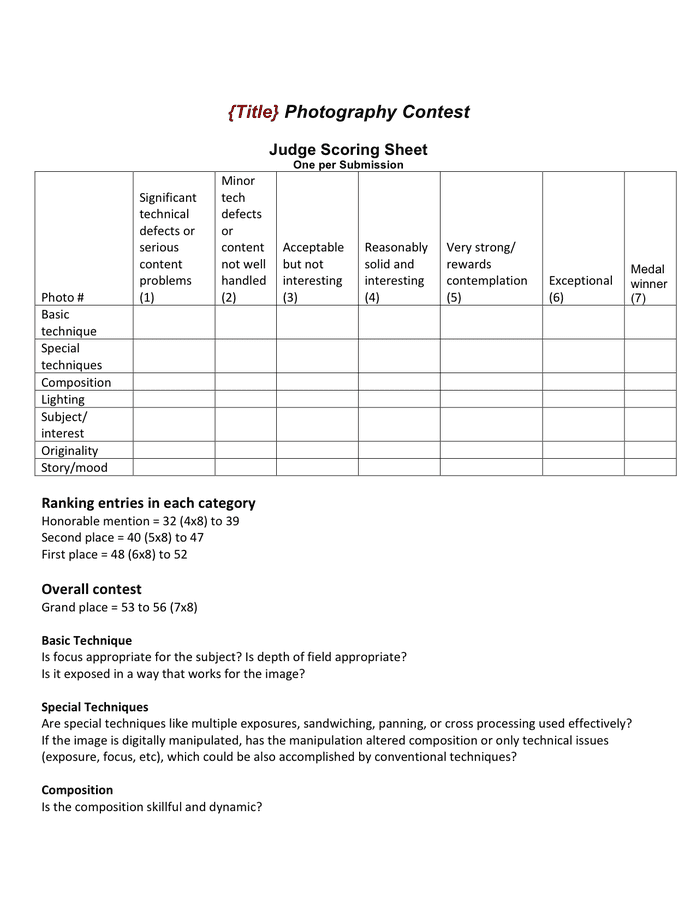 Photo contest scoring sheet template in Word and Pdf formats