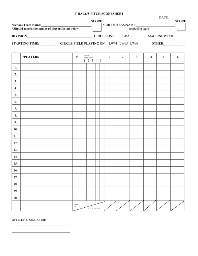 T ball 5 pitch Scoresheet In Word And Pdf Formats