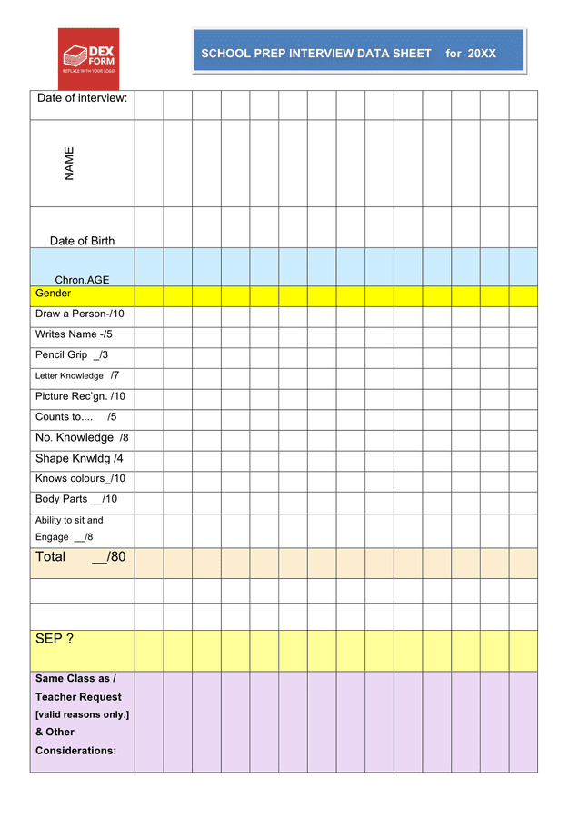 School prep screening score sheet in Word and Pdf formats