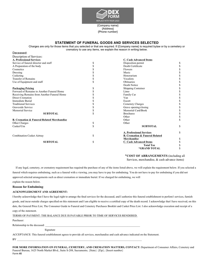 Funeral Billing Statement Template In Word And Pdf Formats