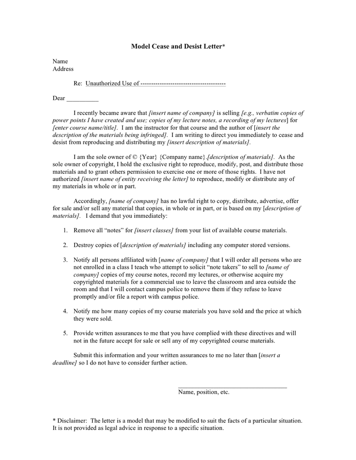 Cease and desist letter template in Word and Pdf formats