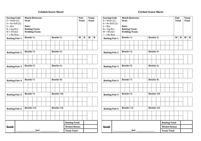 format of cricket score sheet in word