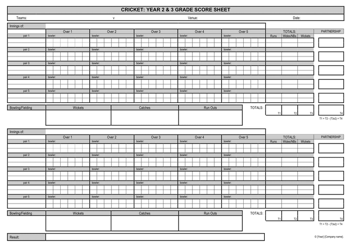 Cricket Score Sheet - download free documents for PDF, Word and Excel