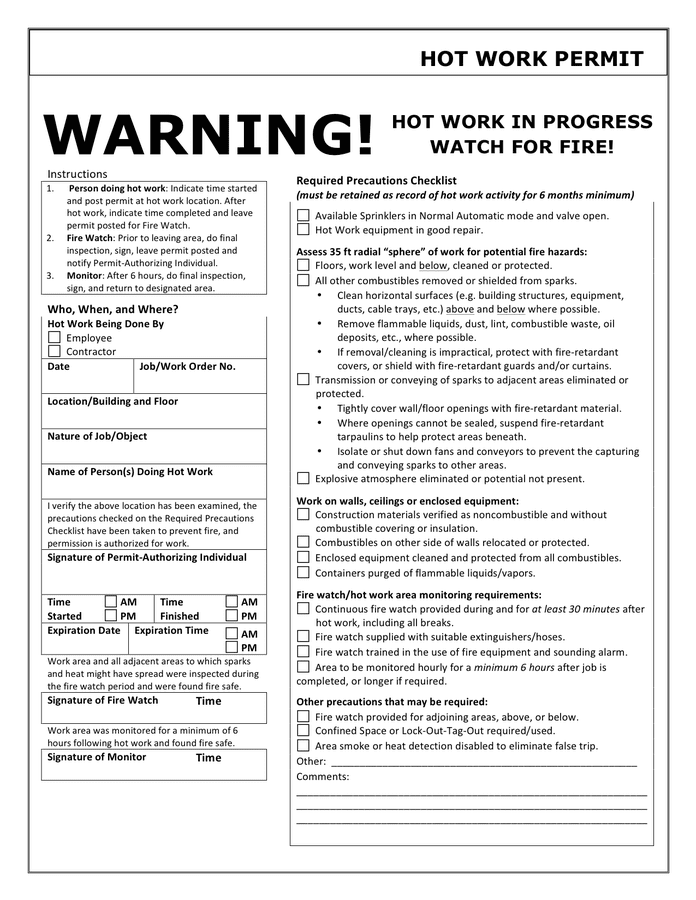 Hot Works Permit Template Free