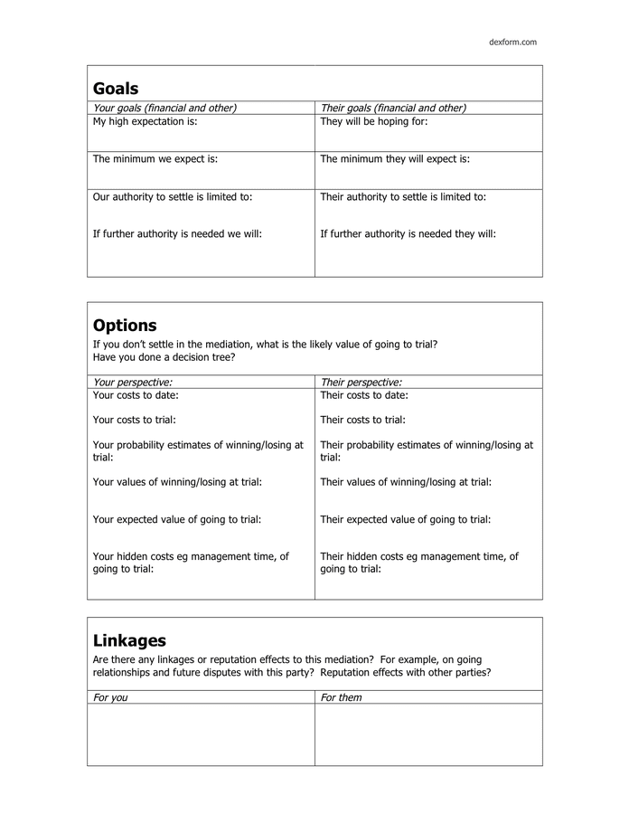 Mediation preparation plan in Word and Pdf formats - page 2 of 3