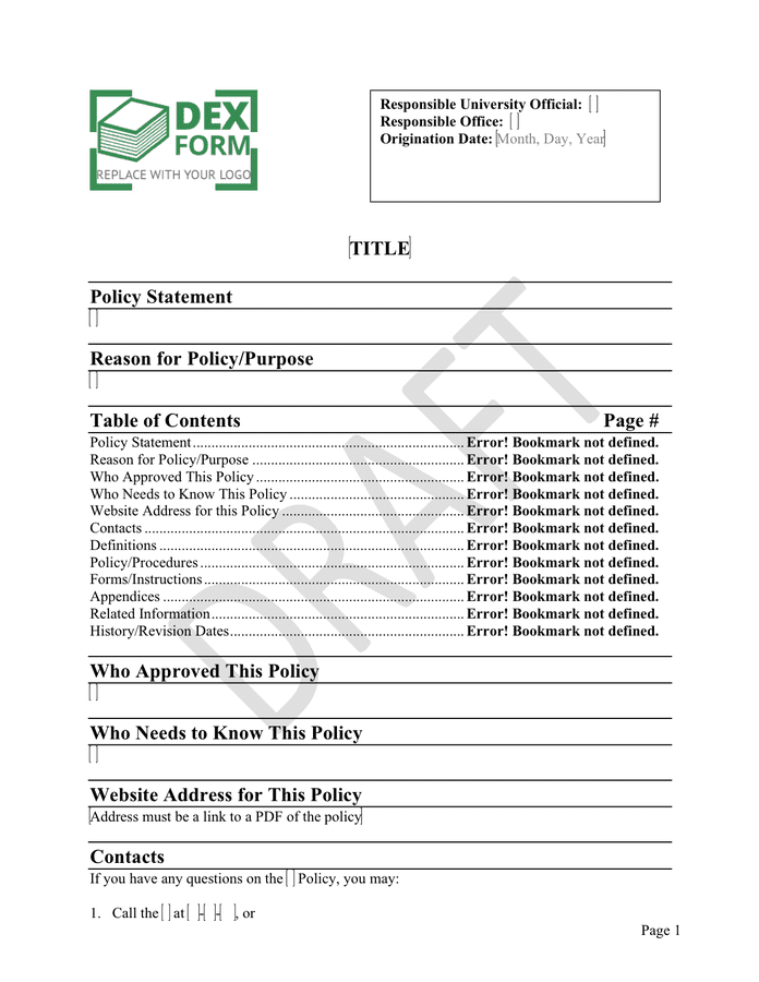 University policies and procedures template in Word and Pdf formats