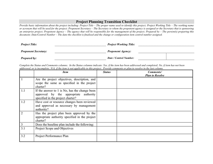 Project Planning Transition Checklist In Word And Pdf Formats 8819