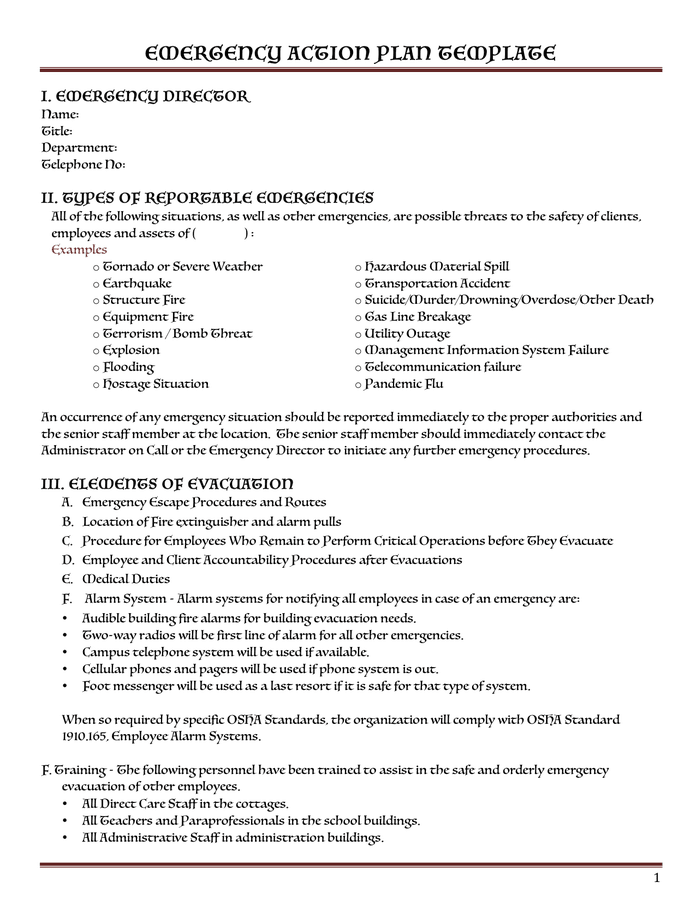 Emergency Action Plan Template In Word And Pdf Formats