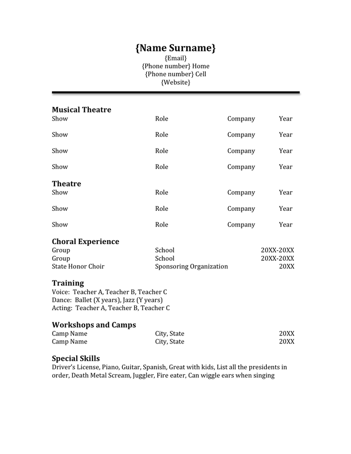 Acting Resume Template In Word And Pdf Formats