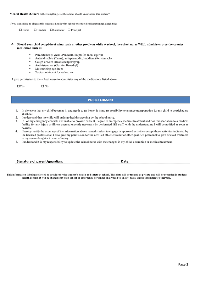 Student Health History Form Sample in Word and Pdf formats - page 2 of 2