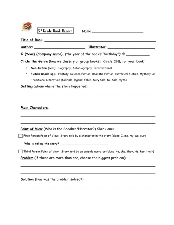 3rd grade book report in Word and Pdf formats