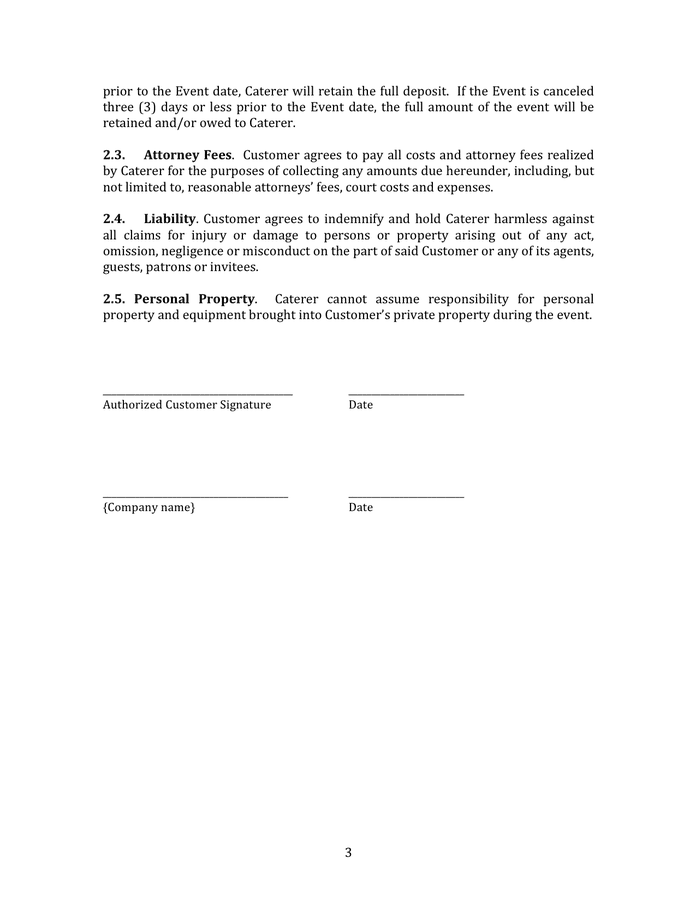 Restaurant catering contract in Word and Pdf formats - page 3 of 4