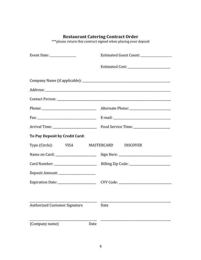 Restaurant catering contract in Word and Pdf formats - page 4 of 4