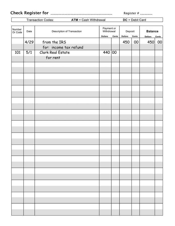 checkbook register and check sample printable