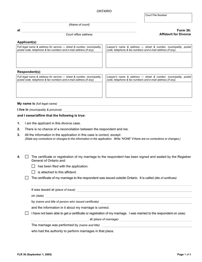 Canadian Affidavit For Divorce Ontario In Word And Pdf Formats
