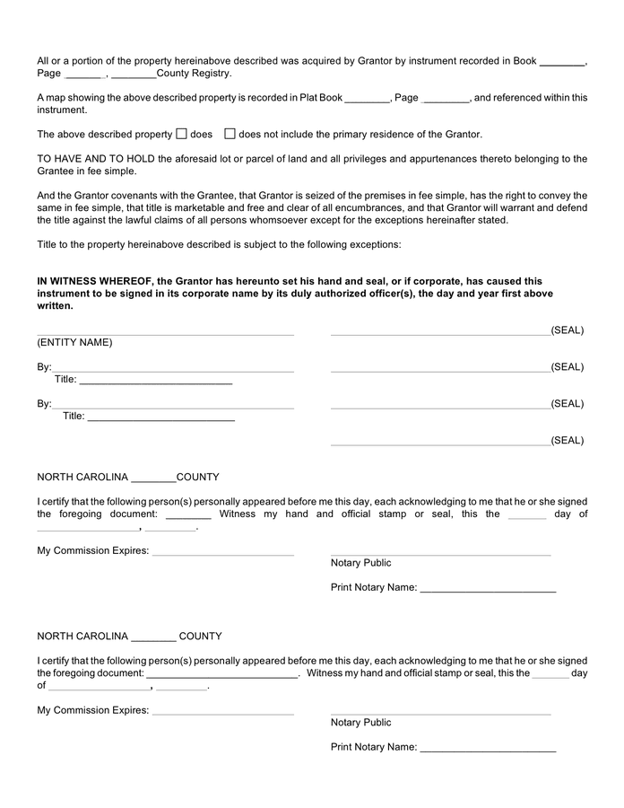 General warranty deed form (North Carolina) in Word and Pdf formats ...