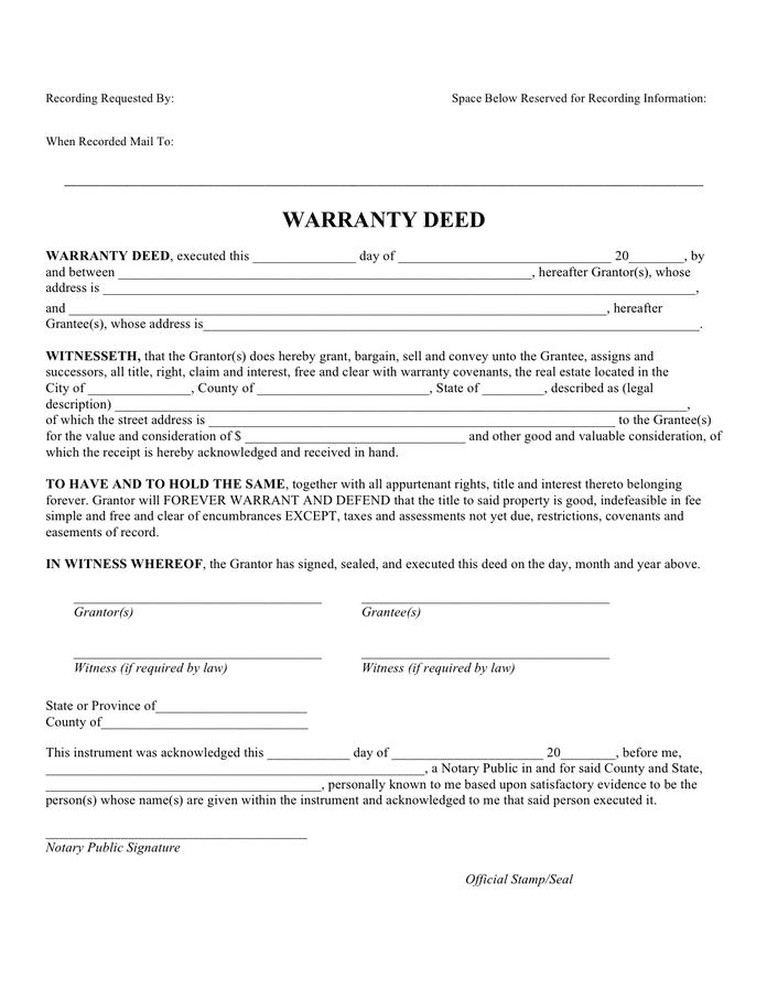 Free Printable Warranty Deed Form Pdf Word Gambaran