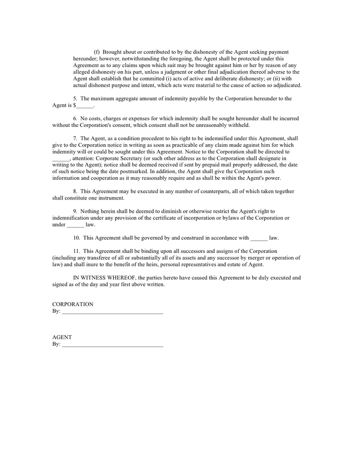 Corporate indemnity agreement in Word and Pdf formats - page 2 of 2