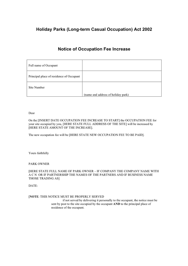 Notice of occupation fee increase form in Word and Pdf formats