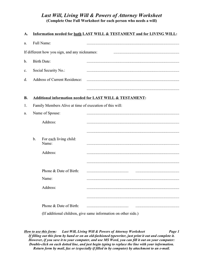 Last Will Living Will And Powers Of Attorney Worksheet In Word And Pdf Formats 6152