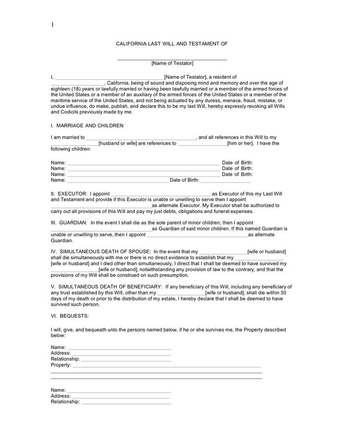 California last will and testament form in Word and Pdf formats