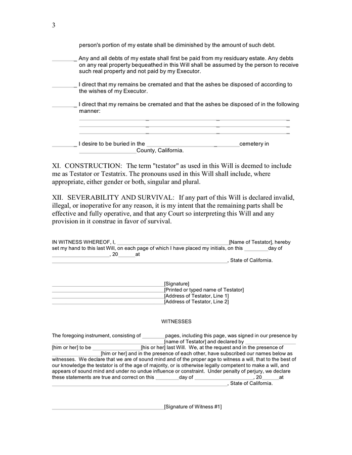 California last will and testament form in Word and Pdf formats page