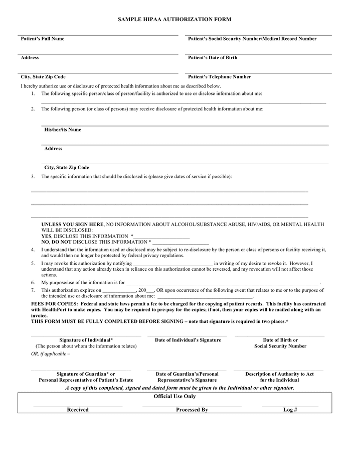 Sample Hipaa Authorization Form In Word And Pdf Formats 