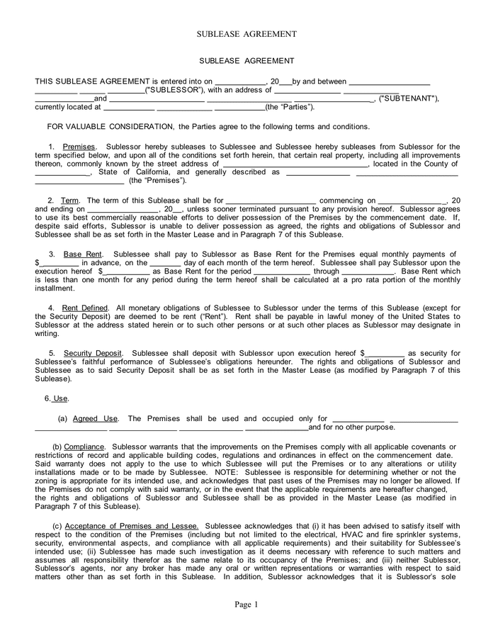 Sublease Agreement - download free documents for PDF, Word and Excel