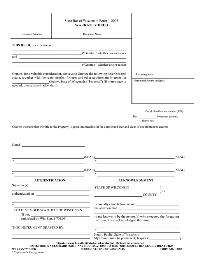 Warranty deed form (Wisconsin) in Word and Pdf formats