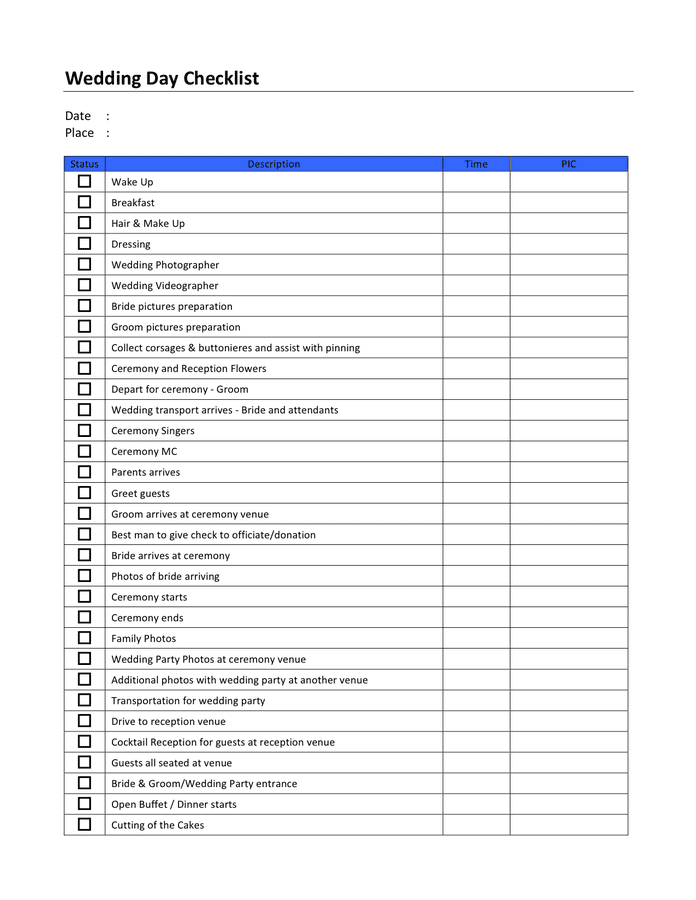 Wedding Day Checklist In Word And Pdf Formats