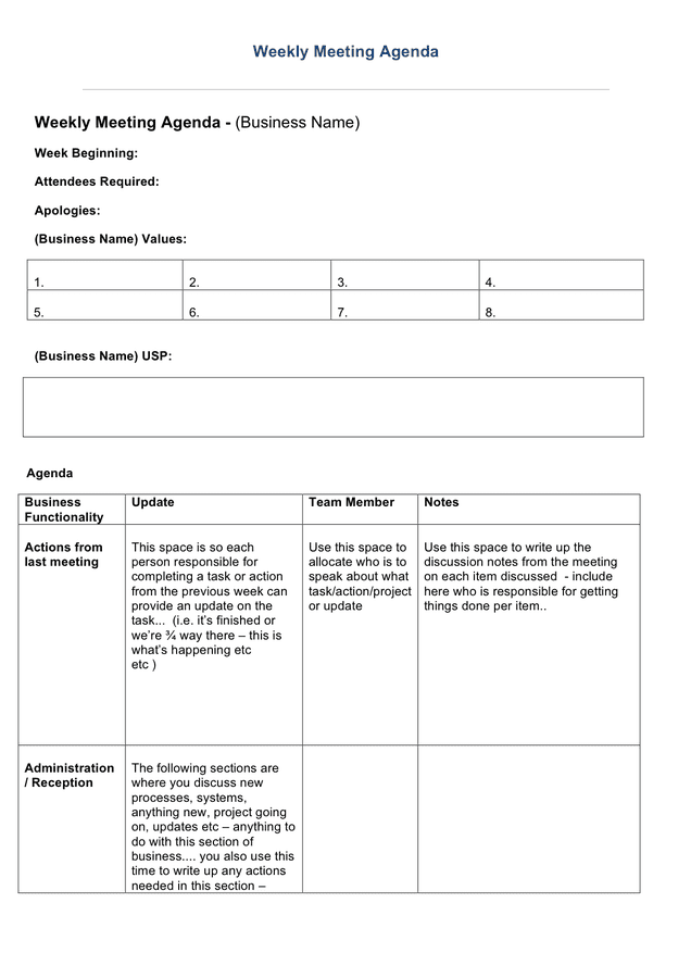 Weekly Agenda Template download free documents for PDF, Word and Excel