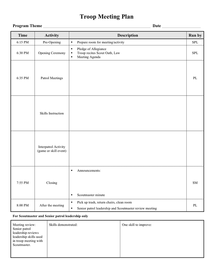 Scout troop meeting plan in Word and Pdf formats