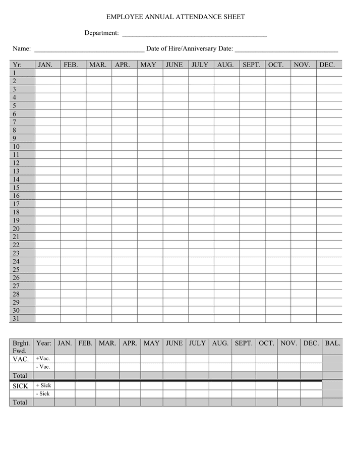 Employee Annual Attendance Sheet In Word And Pdf Formats